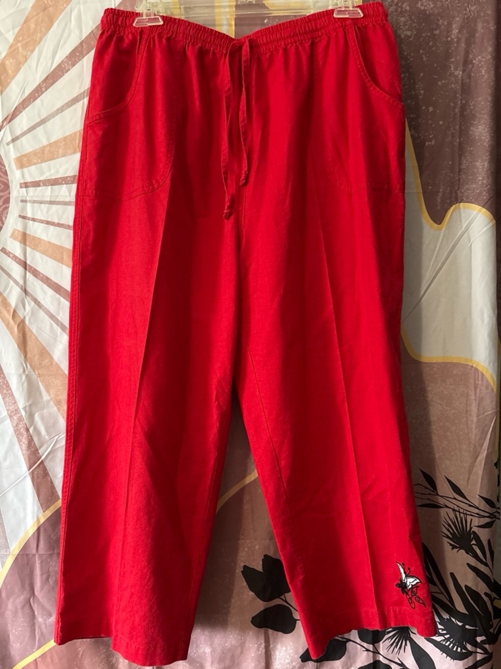 Lemon Grass linen blended Women's Red Cropped Drawstring wide leg Pants size L
